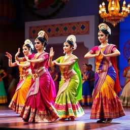 An exquisite traditional Indian dance performance featuring elegantly dressed dancers adorned in colorful, intricate costumes