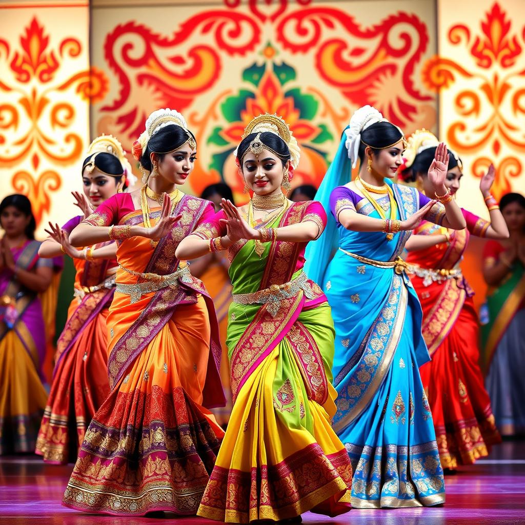 An exquisite traditional Indian dance performance featuring elegantly dressed dancers adorned in colorful, intricate costumes