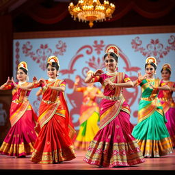 An exquisite traditional Indian dance performance featuring elegantly dressed dancers adorned in colorful, intricate costumes