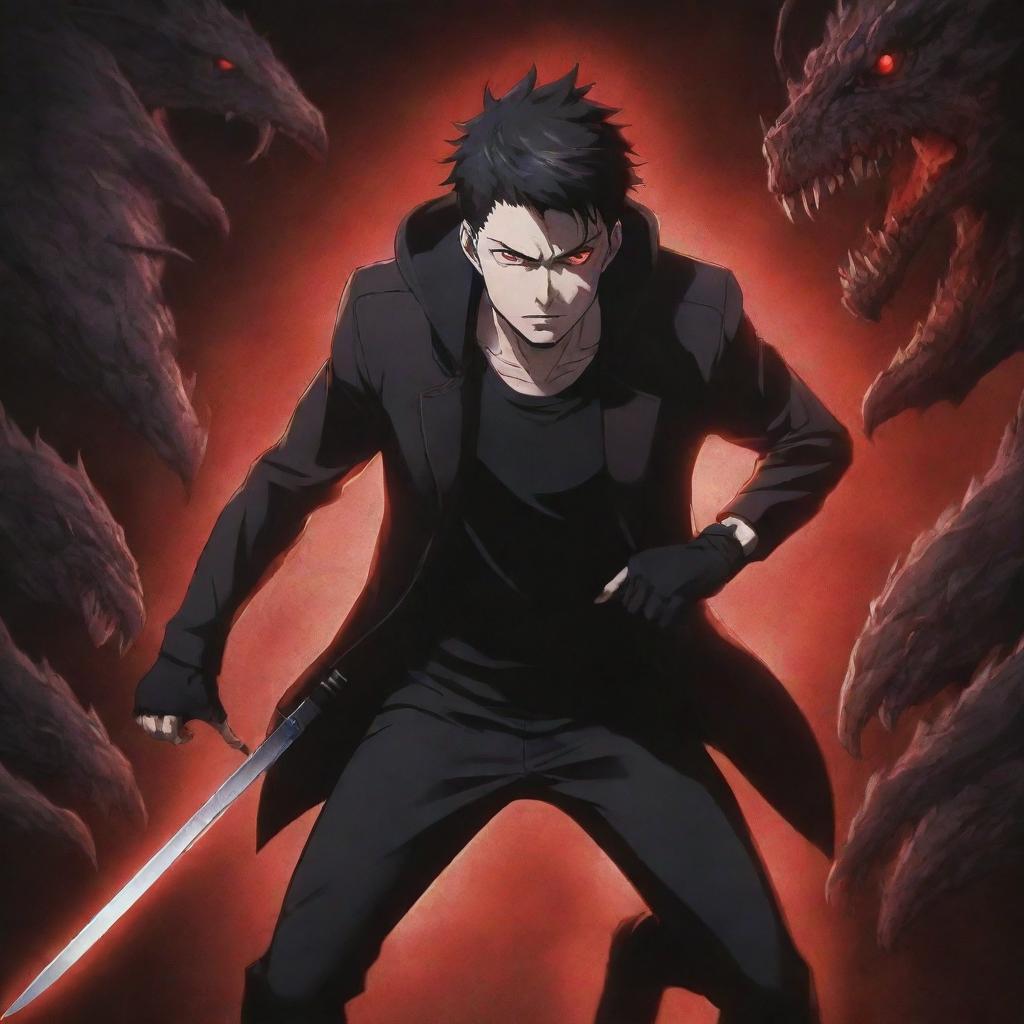 Anime-style depiction of a 25-year-old man with red glowing eyes and a dark red jacket, fighting monsters with a black knife. A dynamic anime background frames the action. The title 'OVER' features prominently