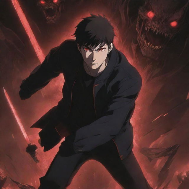 Anime-style depiction of a 25-year-old man with red glowing eyes and a dark red jacket, fighting monsters with a black knife. A dynamic anime background frames the action. The title 'OVER' features prominently