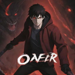 Anime-style depiction of a 25-year-old man with red glowing eyes and a dark red jacket, fighting monsters with a black knife. A dynamic anime background frames the action. The title 'OVER' features prominently