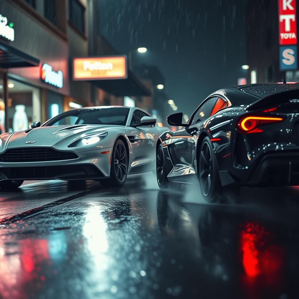 An intense street racing scene featuring a sleek Aston Martin and a powerful Toyota Supra, both revving their engines under the dramatic lighting of a rainy night