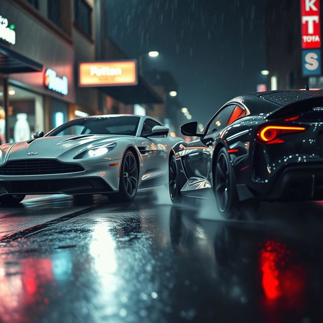 An intense street racing scene featuring a sleek Aston Martin and a powerful Toyota Supra, both revving their engines under the dramatic lighting of a rainy night