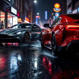 An intense street racing scene featuring a sleek Aston Martin and a powerful Toyota Supra, both revving their engines under the dramatic lighting of a rainy night