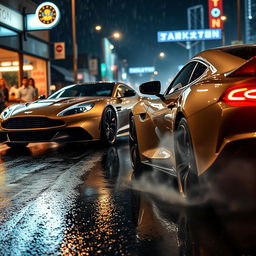 An intense street racing scene featuring a sleek Aston Martin and a powerful Toyota Supra, both revving their engines under the dramatic lighting of a rainy night