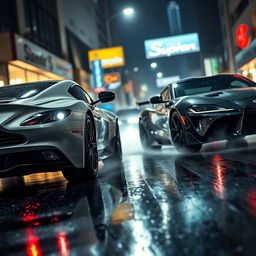 An intense street racing scene featuring a sleek Aston Martin and a powerful Toyota Supra, both revving their engines under the dramatic lighting of a rainy night