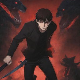 Anime-style depiction of a 25-year-old man with red glowing eyes and a dark red jacket, fighting monsters with a black knife. A dynamic anime background frames the action. The title 'OVER' features prominently