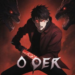 An anime-style 2D image of a 25-year-old man wearing a dark red jacket with red glowing eyes, engaged in a fierce battle with monsters using a black knife against an anime-style background. Include the title 'OVER'.