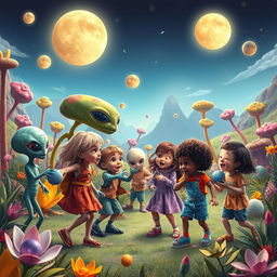 An imaginative scene depicting extraterrestrial children playfully interacting with human children in a vibrant, otherworldly park