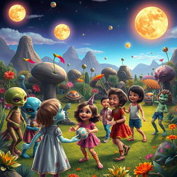 An imaginative scene depicting extraterrestrial children playfully interacting with human children in a vibrant, otherworldly park