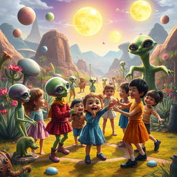 An imaginative scene depicting extraterrestrial children playfully interacting with human children in a vibrant, otherworldly park