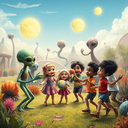 An imaginative scene depicting extraterrestrial children playfully interacting with human children in a vibrant, otherworldly park