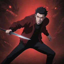 An anime-style 2D image of a 25-year-old man wearing a dark red jacket with red glowing eyes, engaged in a fierce battle with monsters using a black knife against an anime-style background. Include the title 'OVER'.