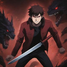 An anime-style 2D image of a 25-year-old man wearing a dark red jacket with red glowing eyes, engaged in a fierce battle with monsters using a black knife against an anime-style background. Include the title 'OVER'.