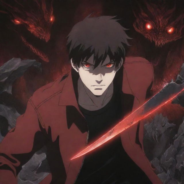 An anime-style 2D image of a 25-year-old man wearing a dark red jacket with red glowing eyes, engaged in a fierce battle with monsters using a black knife against an anime-style background. Include the title 'OVER'.