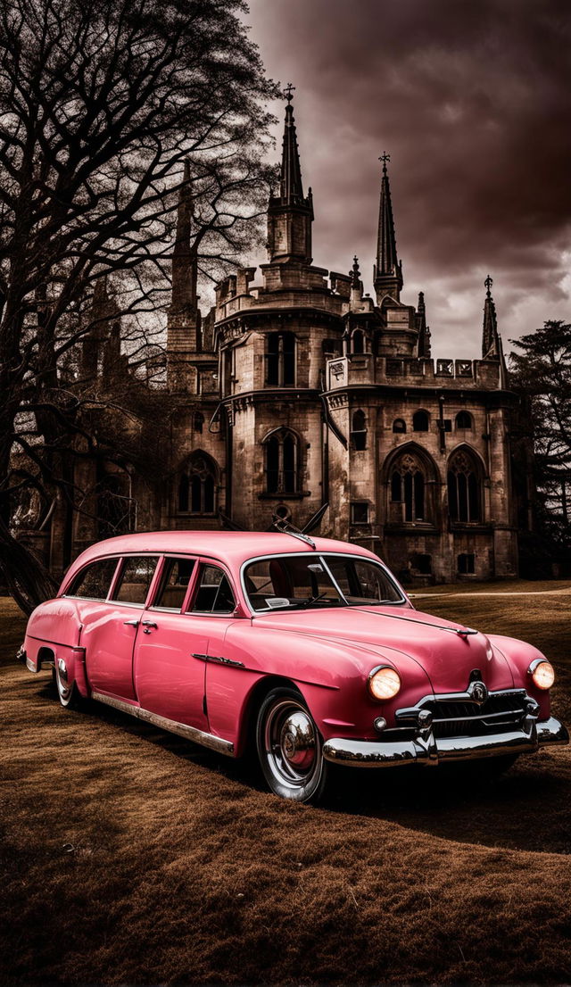 A professional photograph of a 1950s bubblegum pink glossy hearse parked in front of a detailed gothic castle with lights on, set on a decrepit estate.