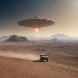 A vehicle moves across the desert-like terrain of an alien planet with unusual mountains, leaving a dust trail. In the star-filled sky above, Earth is visible along with a disc-shaped alien spaceship.