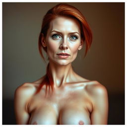 A realistic portrait of a 40-year-old woman with a slim physique and a long neck, featuring striking red hair