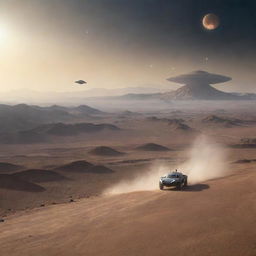 A vehicle moves across the desert-like terrain of an alien planet with unusual mountains, leaving a dust trail. In the star-filled sky above, Earth is visible along with a disc-shaped alien spaceship.