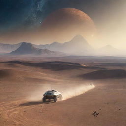 A vehicle moves across the desert-like terrain of an alien planet with unusual mountains, leaving a dust trail. In the star-filled sky above, Earth is visible along with a disc-shaped alien spaceship.