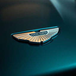 Close-up detail shot of an Aston Martin logo prominently displayed on the front grille of a luxurious Aston Martin car