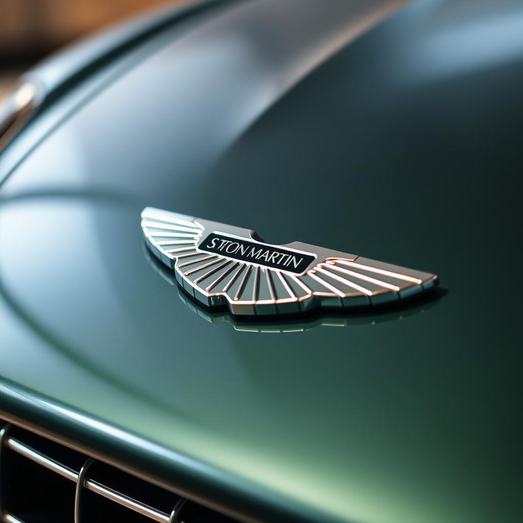 Close-up detail shot of an Aston Martin logo prominently displayed on the front grille of a luxurious Aston Martin car