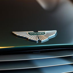 Close-up detail shot of an Aston Martin logo prominently displayed on the front grille of a luxurious Aston Martin car