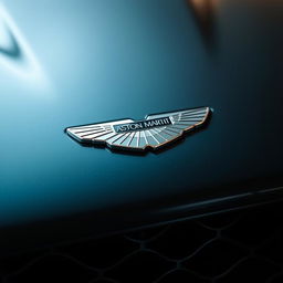 Close-up detail shot of an Aston Martin logo prominently displayed on the front grille of a luxurious Aston Martin car