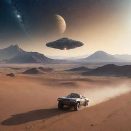 A vehicle moves across the desert-like terrain of an alien planet with unusual mountains, leaving a dust trail. In the star-filled sky above, Earth is visible along with a disc-shaped alien spaceship.