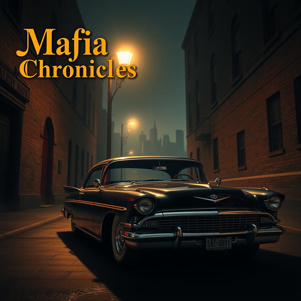 A YouTube banner showcasing a Mafia-themed car scene, featuring a vintage Mafia sedan with a glossy black paint job and chrome accents