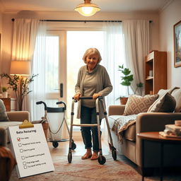 A serene and comforting scene depicting the return home of an elderly individual after hospitalization