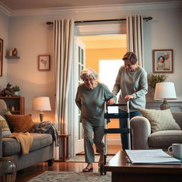 A serene and comforting scene depicting the return home of an elderly individual after hospitalization