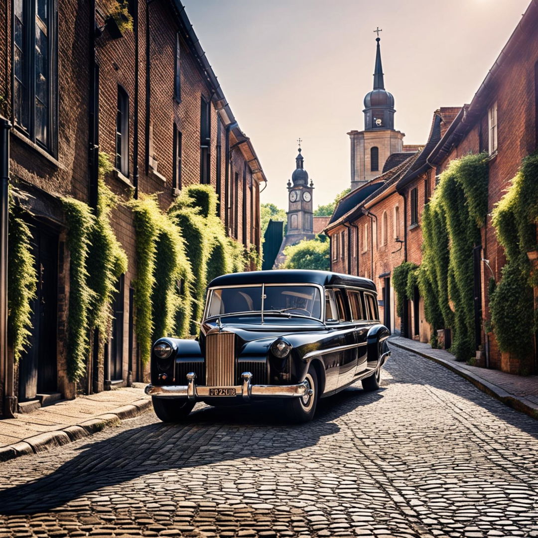 A classic black hearse parked on a cobblestone street in a quaint town, captured in Amy Shore's distinctive style.