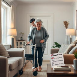 A serene and comforting scene depicting the return home of an elderly individual after hospitalization