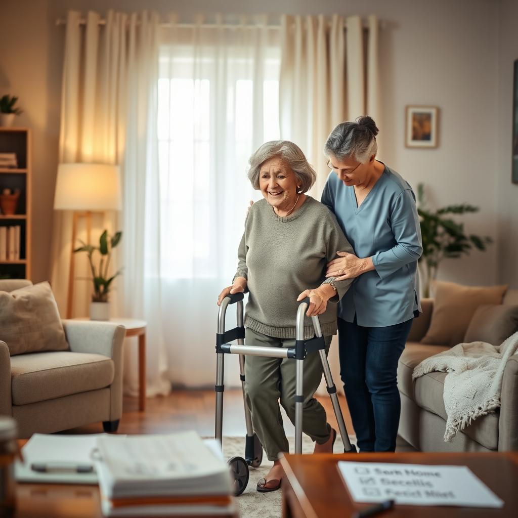 A serene and comforting scene depicting the return home of an elderly individual after hospitalization