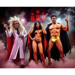 A vibrant, theatrical scene inspired by 'The Rocky Horror Picture Show', featuring flamboyant characters in elaborate costumes: a long-haired scientist, a seductive vampire, and a muscular man in a gold speedo