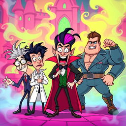 A cartoon-style scene inspired by 'The Rocky Horror Picture Show', featuring animated and exaggerated characters: a quirky scientist with wild hair, a flirtatious vampire with bright colors, and a strong man in a flashy costume