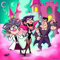 A cartoon-style scene inspired by 'The Rocky Horror Picture Show', featuring animated and exaggerated characters: a quirky scientist with wild hair, a flirtatious vampire with bright colors, and a strong man in a flashy costume