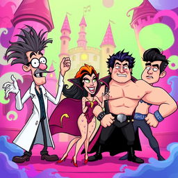 A cartoon-style scene inspired by 'The Rocky Horror Picture Show', featuring animated and exaggerated characters: a quirky scientist with wild hair, a flirtatious vampire with bright colors, and a strong man in a flashy costume