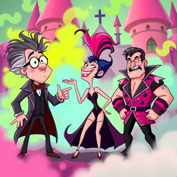 A cartoon-style scene inspired by 'The Rocky Horror Picture Show', featuring animated and exaggerated characters: a quirky scientist with wild hair, a flirtatious vampire with bright colors, and a strong man in a flashy costume