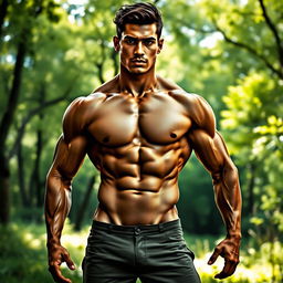 An artistic portrayal of a strong male figure standing confidently in a natural setting, showcasing muscular physique and powerful presence