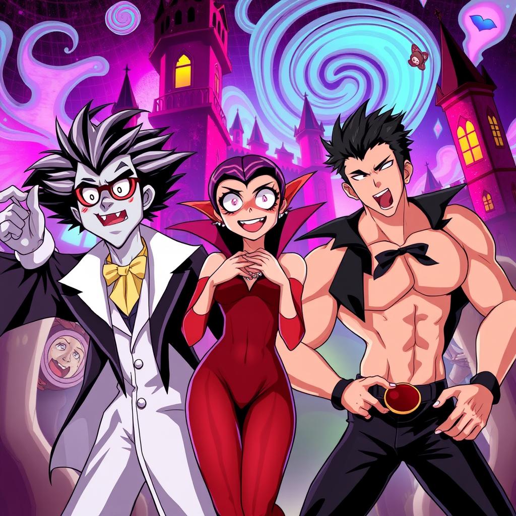 An anime-style illustration inspired by 'The Rocky Horror Picture Show', showcasing characters with distinct anime features: a flamboyant scientist with spiky hair and dramatic expressions, a charming vampire girl with large, sparkling eyes and a playful smile, and a muscular hero in a stylish, revealing outfit