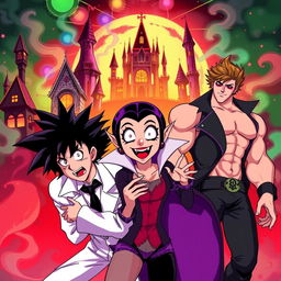 An anime-style illustration inspired by 'The Rocky Horror Picture Show', showcasing characters with distinct anime features: a flamboyant scientist with spiky hair and dramatic expressions, a charming vampire girl with large, sparkling eyes and a playful smile, and a muscular hero in a stylish, revealing outfit