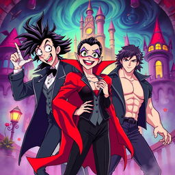 An anime-style illustration inspired by 'The Rocky Horror Picture Show', showcasing characters with distinct anime features: a flamboyant scientist with spiky hair and dramatic expressions, a charming vampire girl with large, sparkling eyes and a playful smile, and a muscular hero in a stylish, revealing outfit