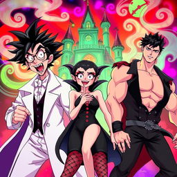 An anime-style illustration inspired by 'The Rocky Horror Picture Show', showcasing characters with distinct anime features: a flamboyant scientist with spiky hair and dramatic expressions, a charming vampire girl with large, sparkling eyes and a playful smile, and a muscular hero in a stylish, revealing outfit