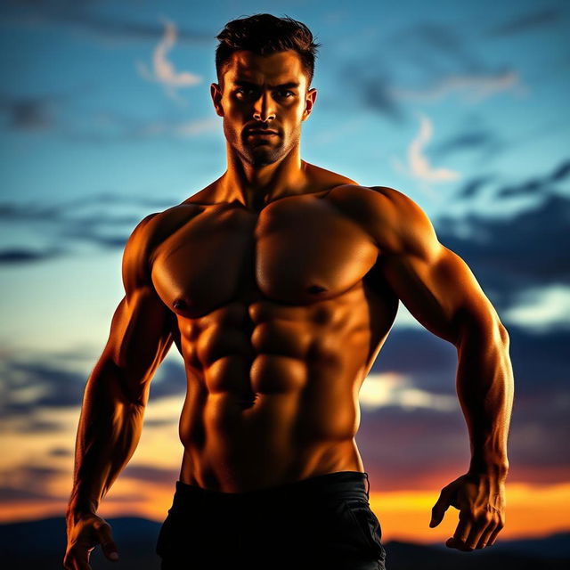 An artistic representation of a confident male figure standing in a powerful pose, showcasing a well-defined muscular body