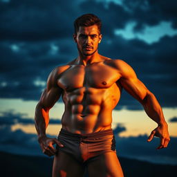 An artistic representation of a confident male figure standing in a powerful pose, showcasing a well-defined muscular body