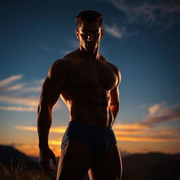 An artistic representation of a confident male figure standing in a powerful pose, showcasing a well-defined muscular body