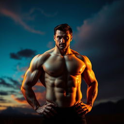 An artistic representation of a confident male figure standing in a powerful pose, showcasing a well-defined muscular body